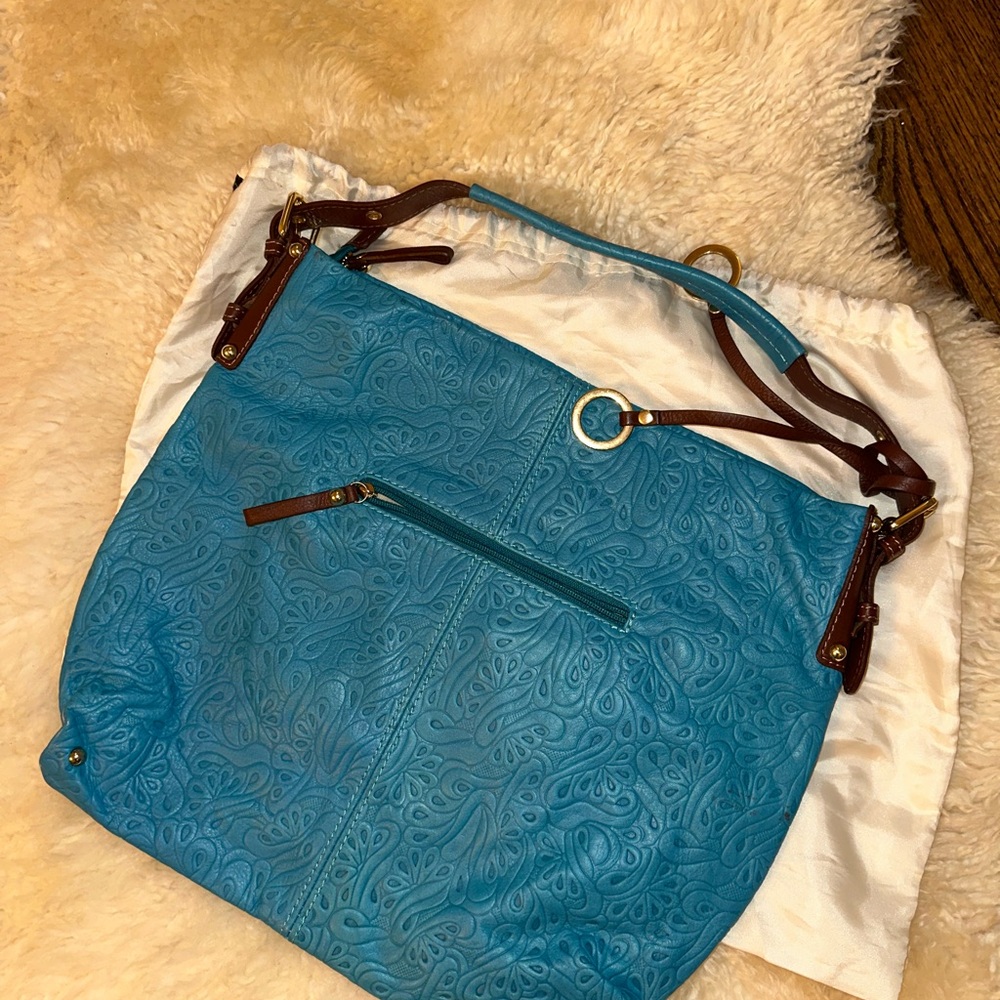 Embossed Blue Leather Shoulder Bag